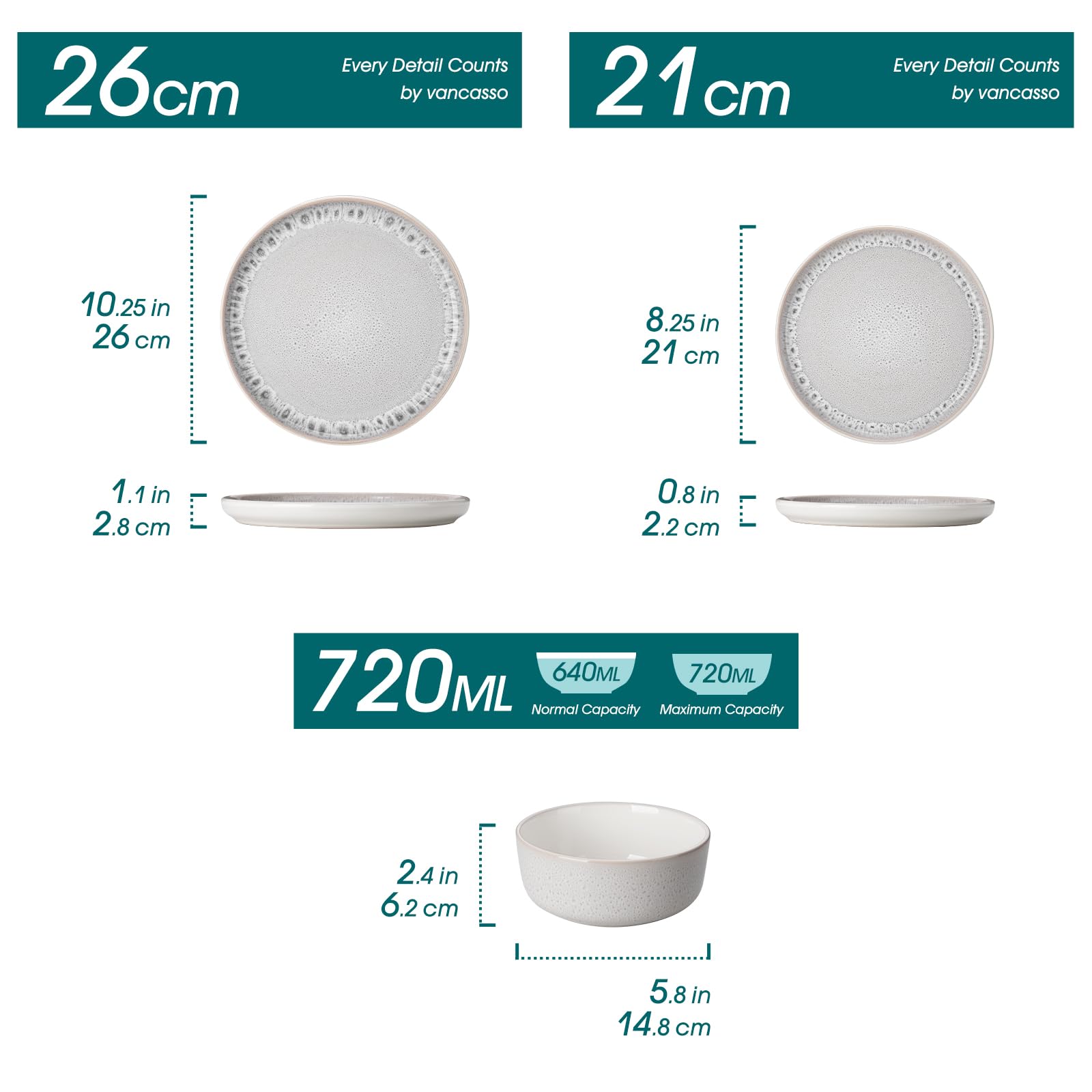 vancasso Steingut Geschirrset für 6 Personen 18-teilig Tafelservice mit Esstellern, Desserttellern & Müslischüsseln – spülmaschinenfestes modernes