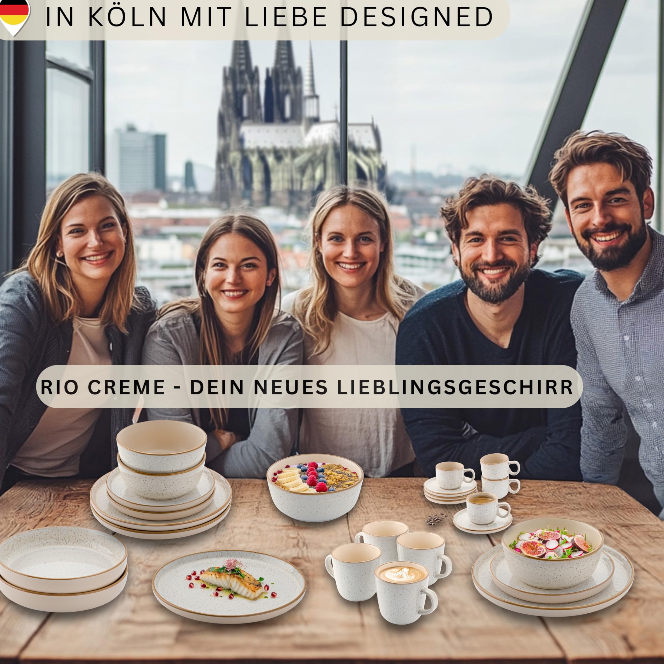 SÄNGER Rio Creme | Tafelservice 18 teilig, Steingut Geschirr Set 6 Personen, 6x Speiseteller 6x Dessertteller 6x Schalen Geschirrset und Schale creme
