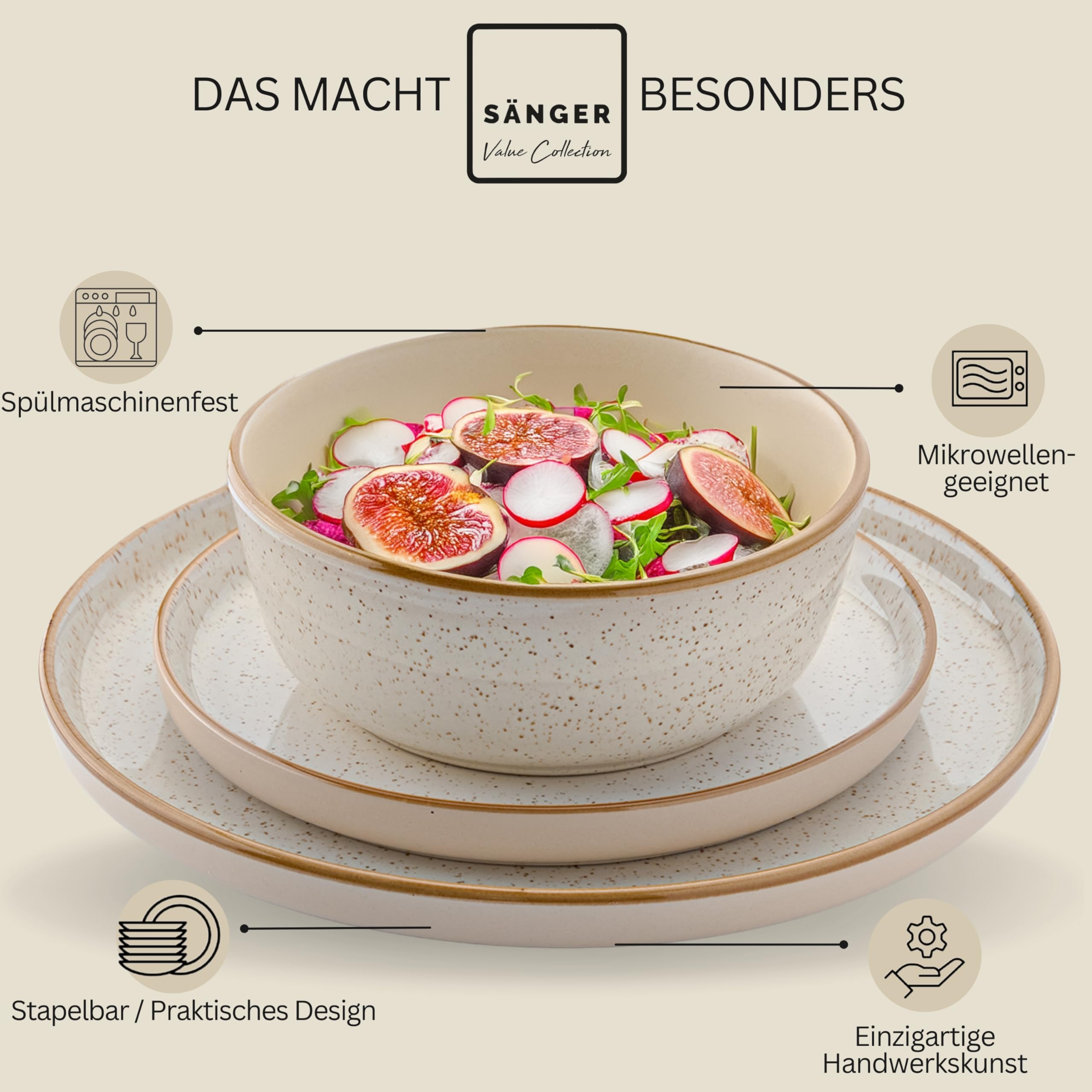 SÄNGER Rio Creme | Tafelservice 18 teilig, Steingut Geschirr Set 6 Personen, 6x Speiseteller 6x Dessertteller 6x Schalen Geschirrset und Schale creme