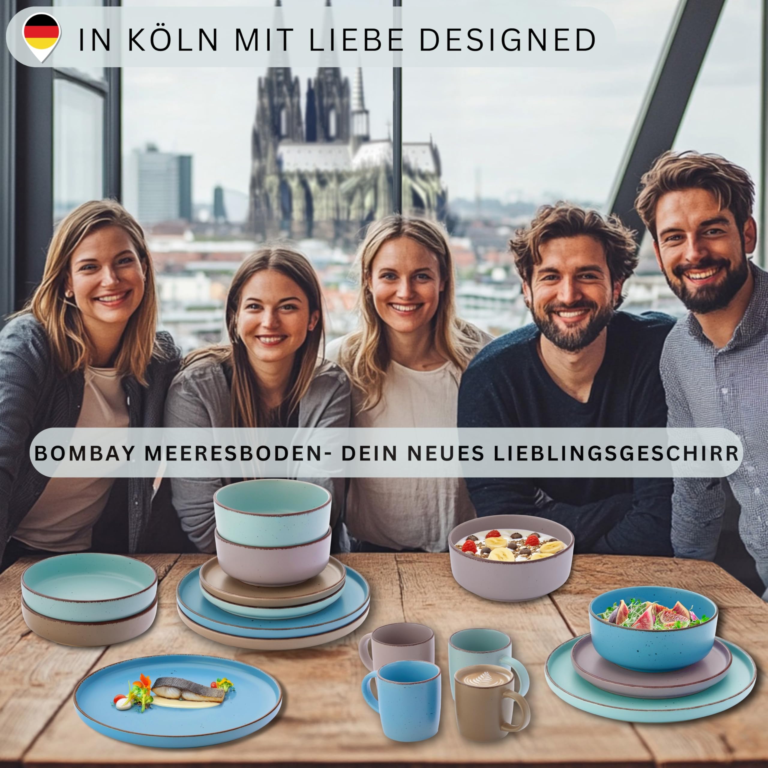 SÄNGER Bombay Meeresboden | Geschirrset 16 teilig, Steingut Geschirr 4 Personen, 4x Speiseteller 4x Dessertteller 4x Schalen 4x Pastateller