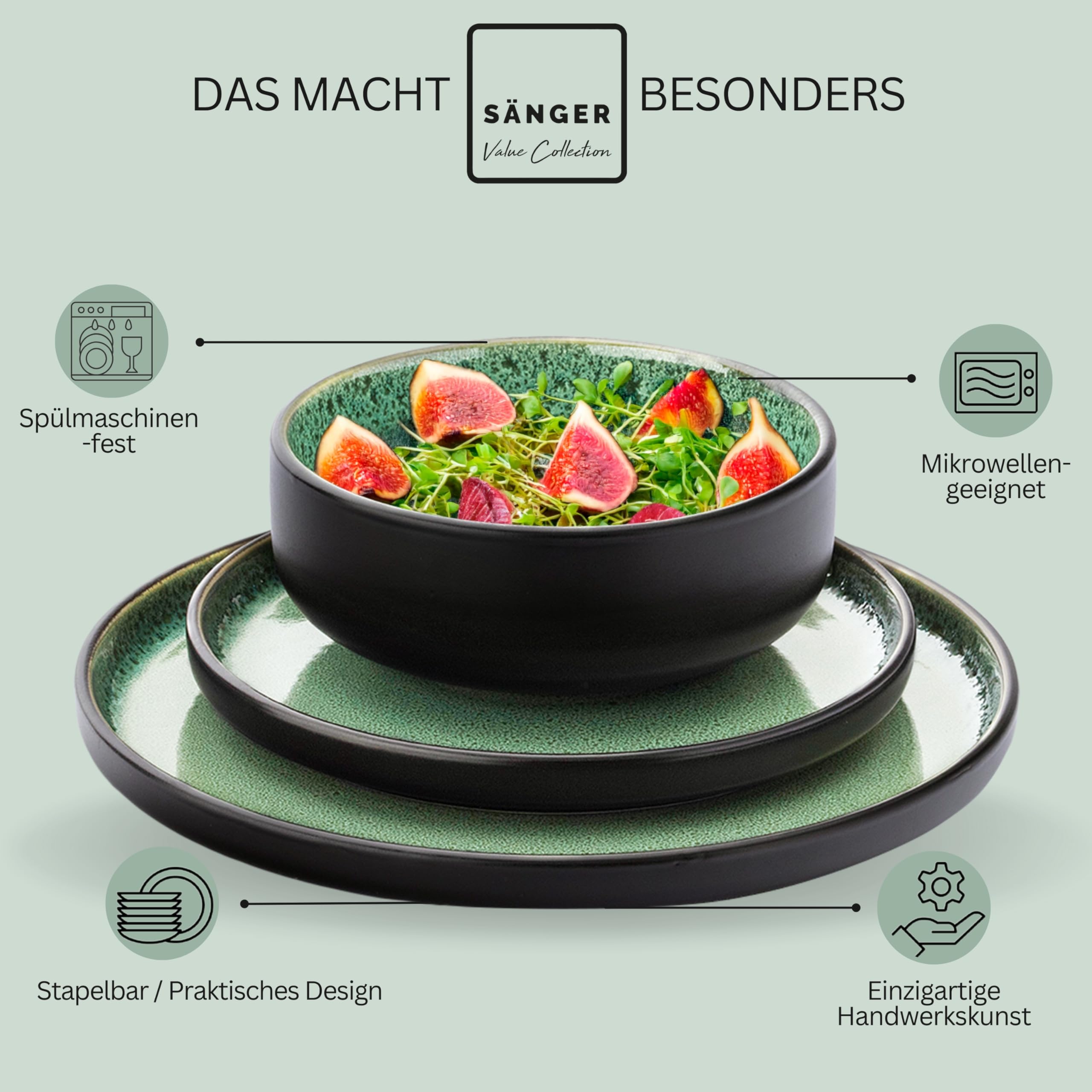 SÄNGER Greenwich | Tafelservice 24 teilig, Steingut Geschirr Set 6 Personen, 6x Teller Set 6x Frühstücksteller 6x Tiefe Teller 6x Pastaschalen, grün