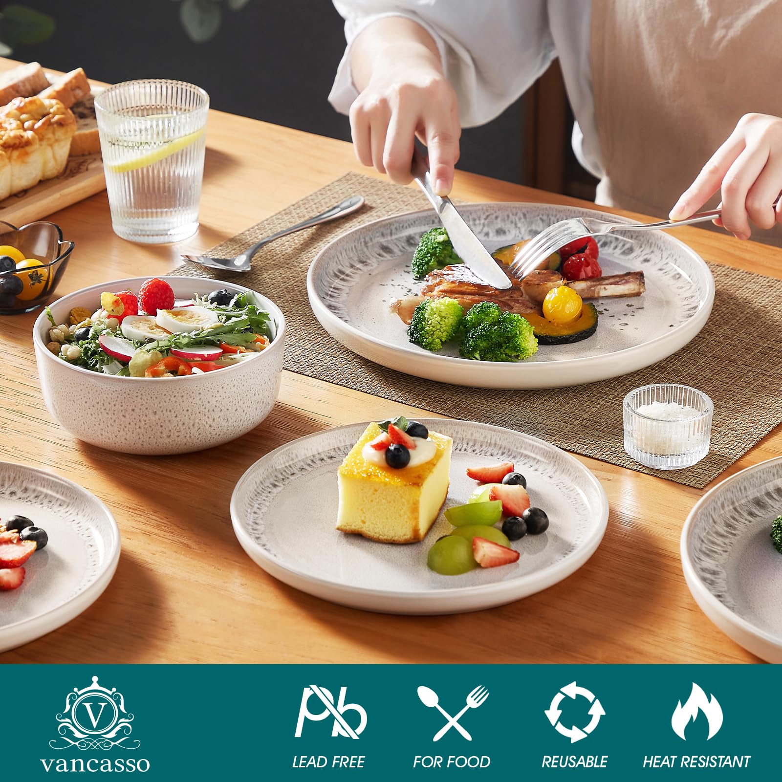 vancasso Steingut Geschirrset für 6 Personen 18-teilig Tafelservice mit Esstellern, Desserttellern & Müslischüsseln – spülmaschinenfestes modernes