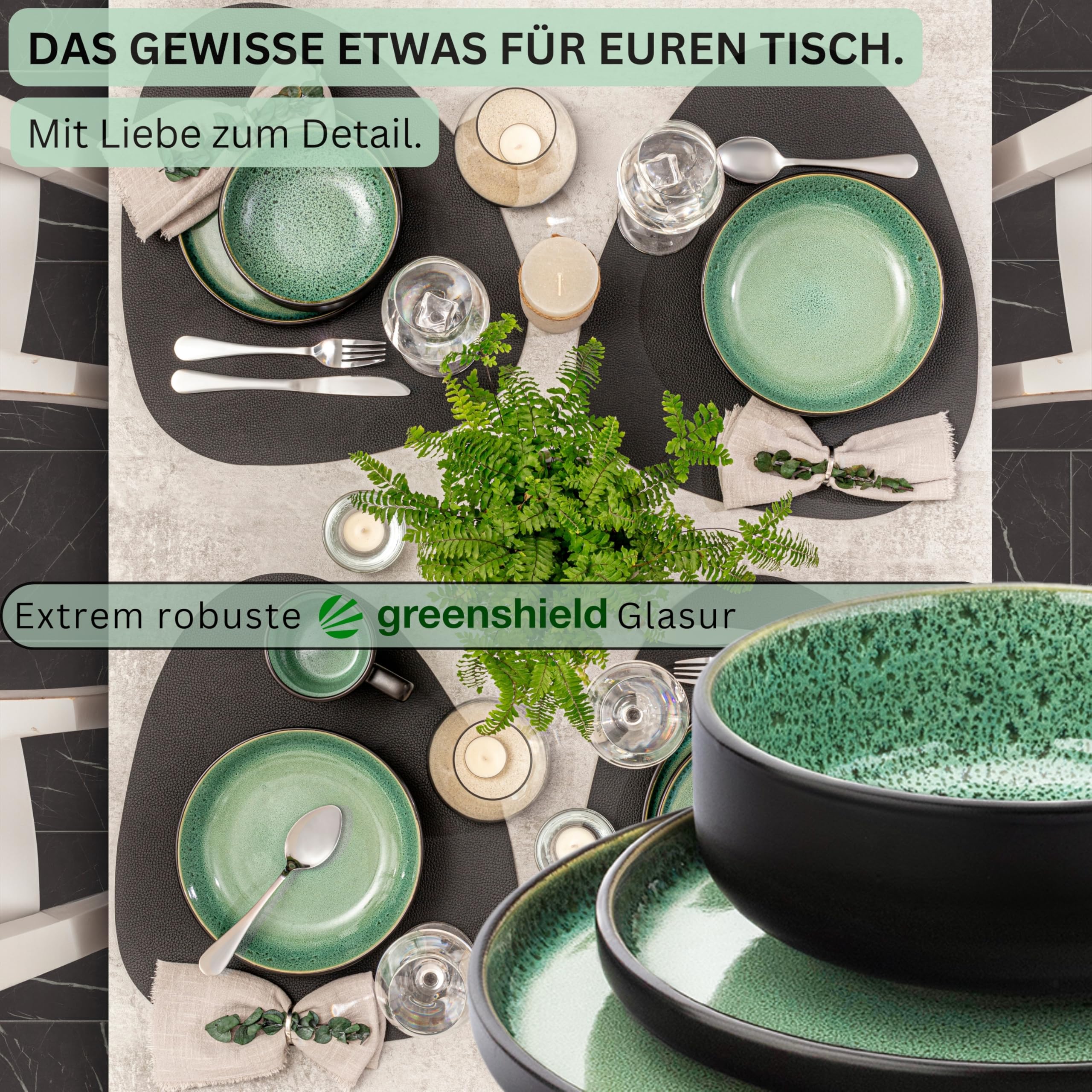 SÄNGER Greenwich | Tafelservice 24 teilig, Steingut Geschirr Set 6 Personen, 6x Teller Set 6x Frühstücksteller 6x Tiefe Teller 6x Pastaschalen, grün