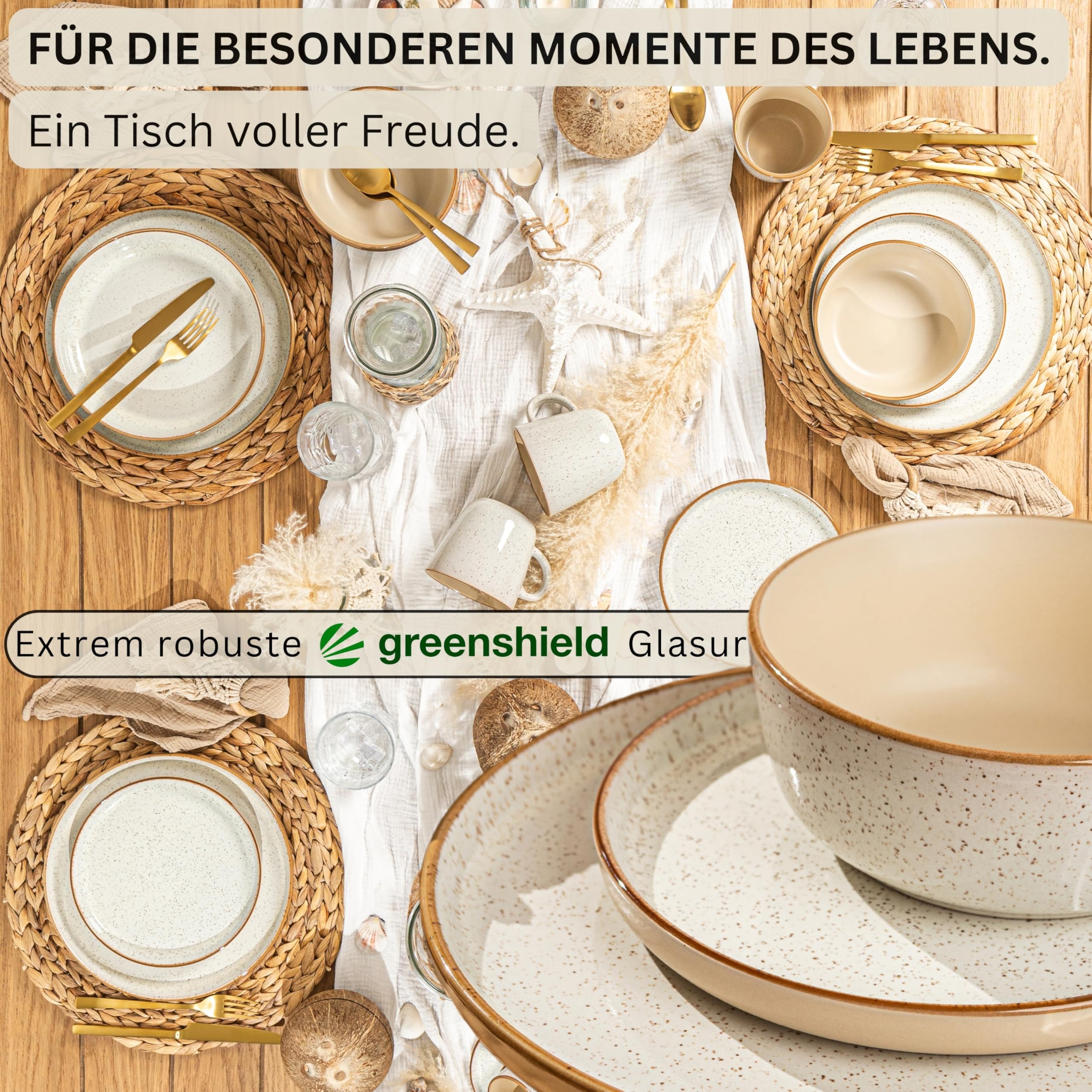 SÄNGER Rio Creme | Tafelservice 18 teilig, Steingut Geschirr Set 6 Personen, 6x Speiseteller 6x Dessertteller 6x Schalen Geschirrset und Schale creme
