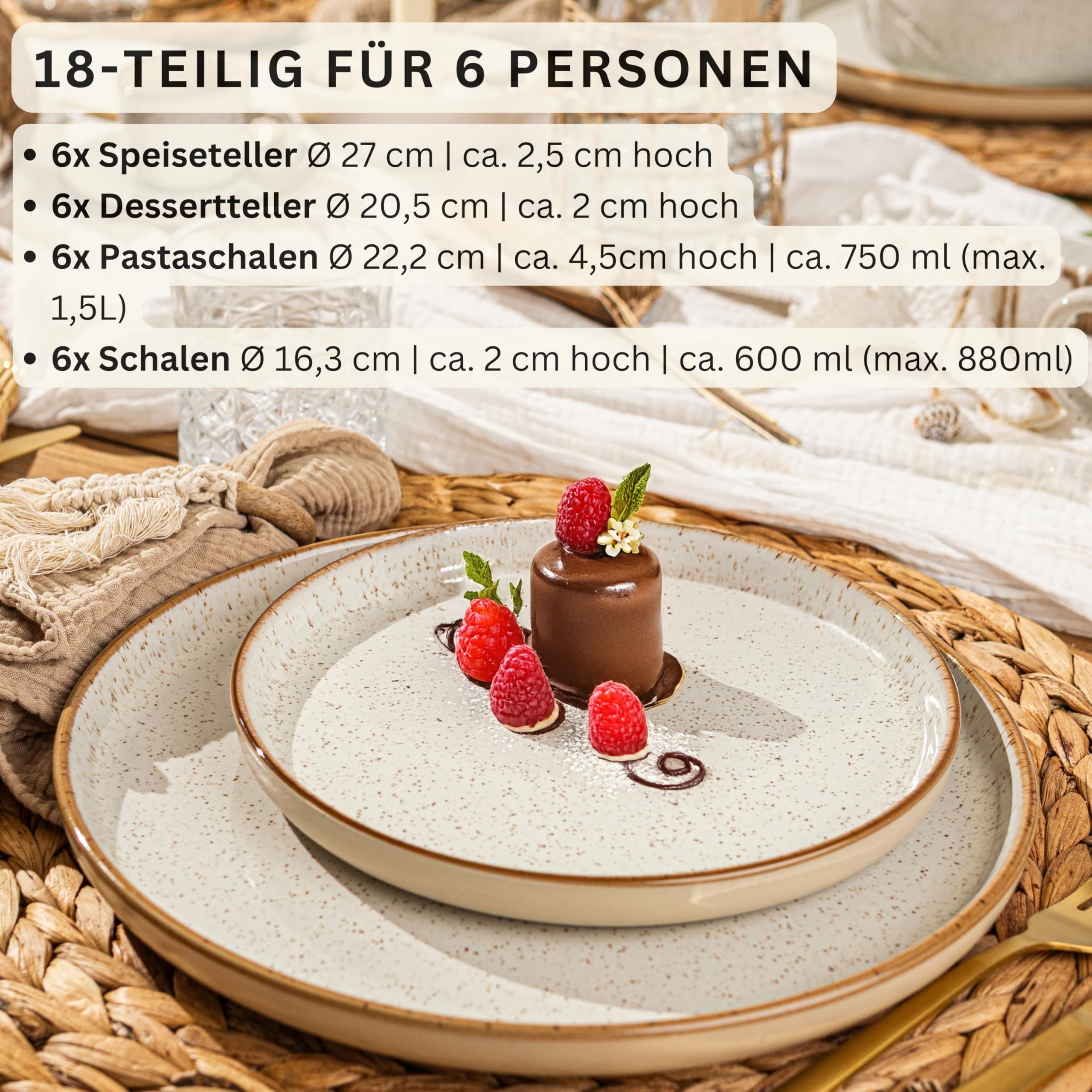 SÄNGER Rio Creme | Tafelservice 18 teilig, Steingut Geschirr Set 6 Personen, 6x Speiseteller 6x Dessertteller 6x Schalen Geschirrset und Schale creme