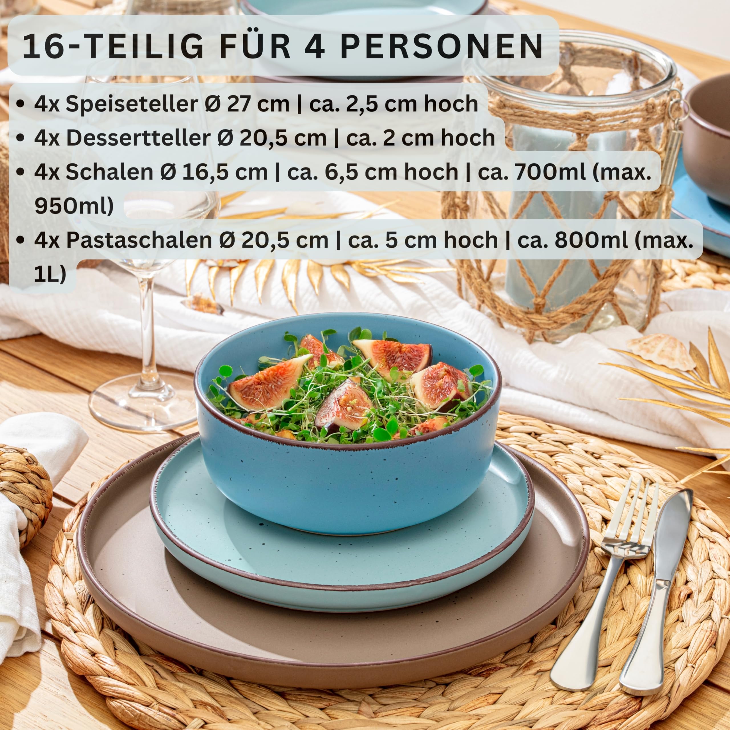 SÄNGER Bombay Meeresboden | Geschirrset 16 teilig, Steingut Geschirr 4 Personen, 4x Speiseteller 4x Dessertteller 4x Schalen 4x Pastateller