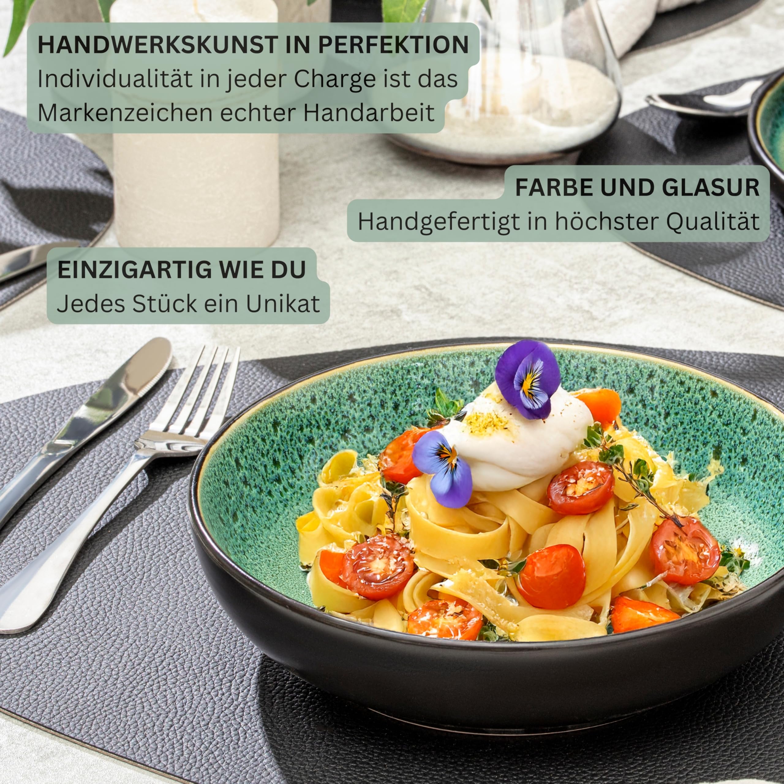 SÄNGER Greenwich | Tafelservice 24 teilig, Steingut Geschirr Set 6 Personen, 6x Teller Set 6x Frühstücksteller 6x Tiefe Teller 6x Pastaschalen, grün