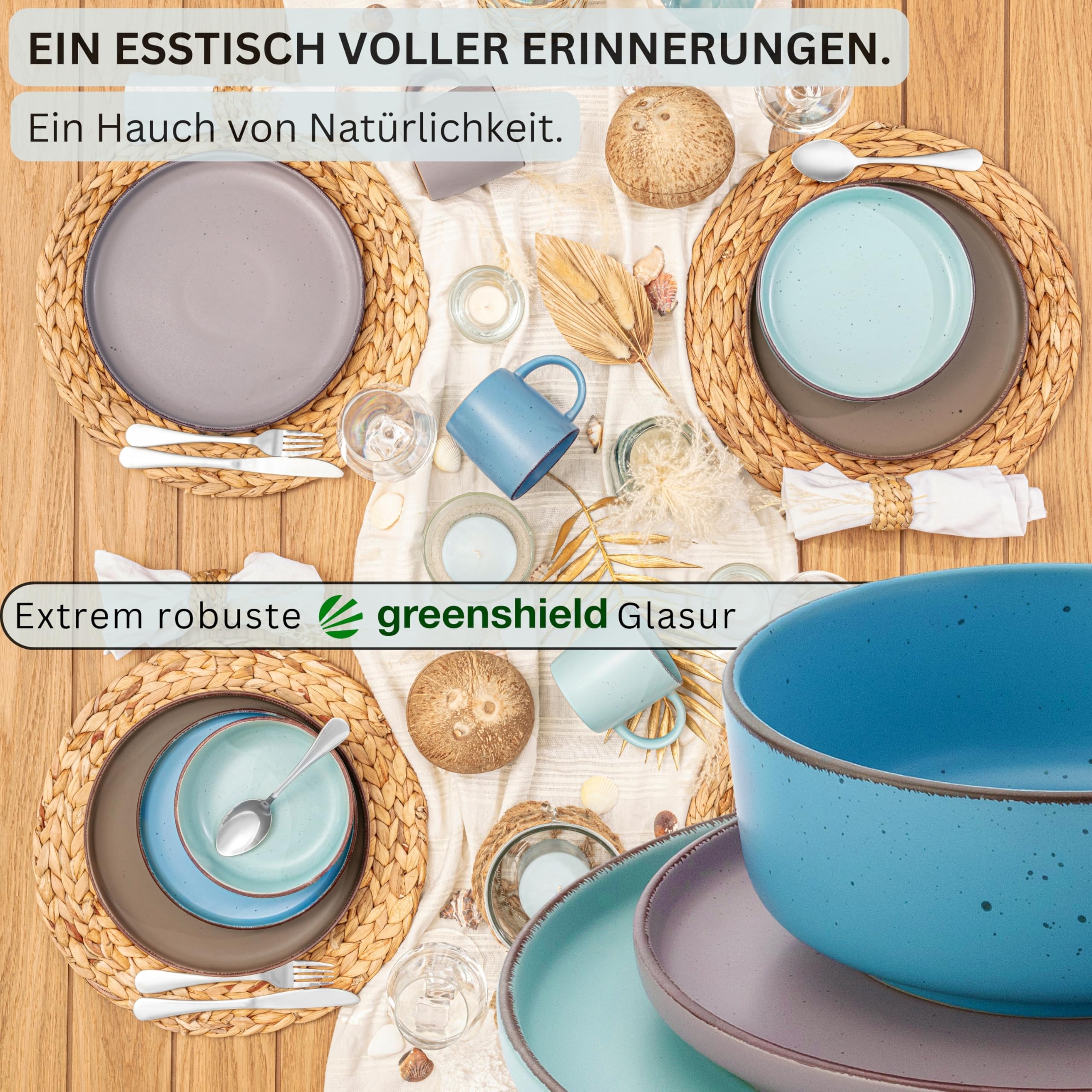 SÄNGER Bombay Meeresboden | Geschirrset 16 teilig, Steingut Geschirr 4 Personen, 4x Speiseteller 4x Dessertteller 4x Schalen 4x Pastateller
