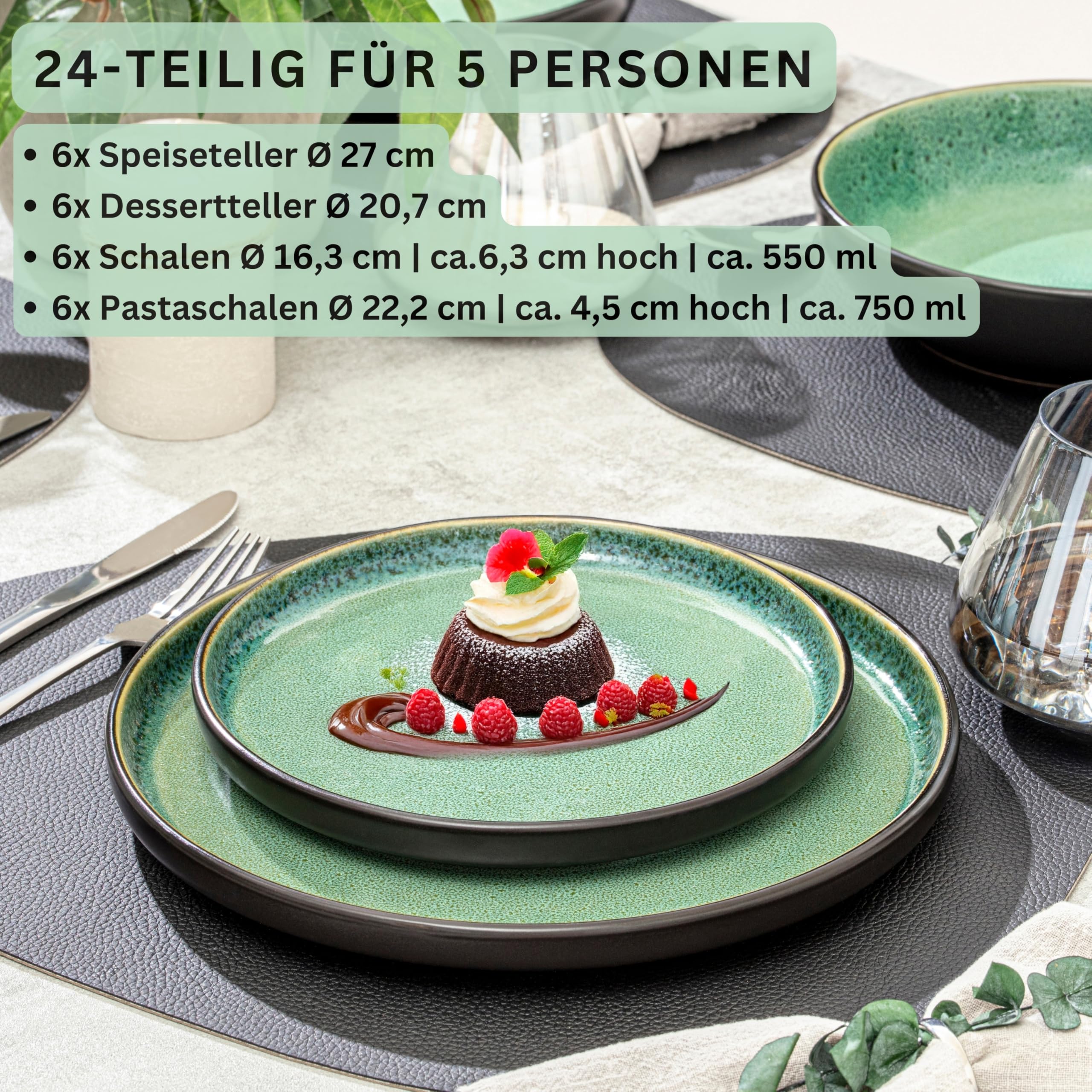 SÄNGER Greenwich | Tafelservice 24 teilig, Steingut Geschirr Set 6 Personen, 6x Teller Set 6x Frühstücksteller 6x Tiefe Teller 6x Pastaschalen, grün